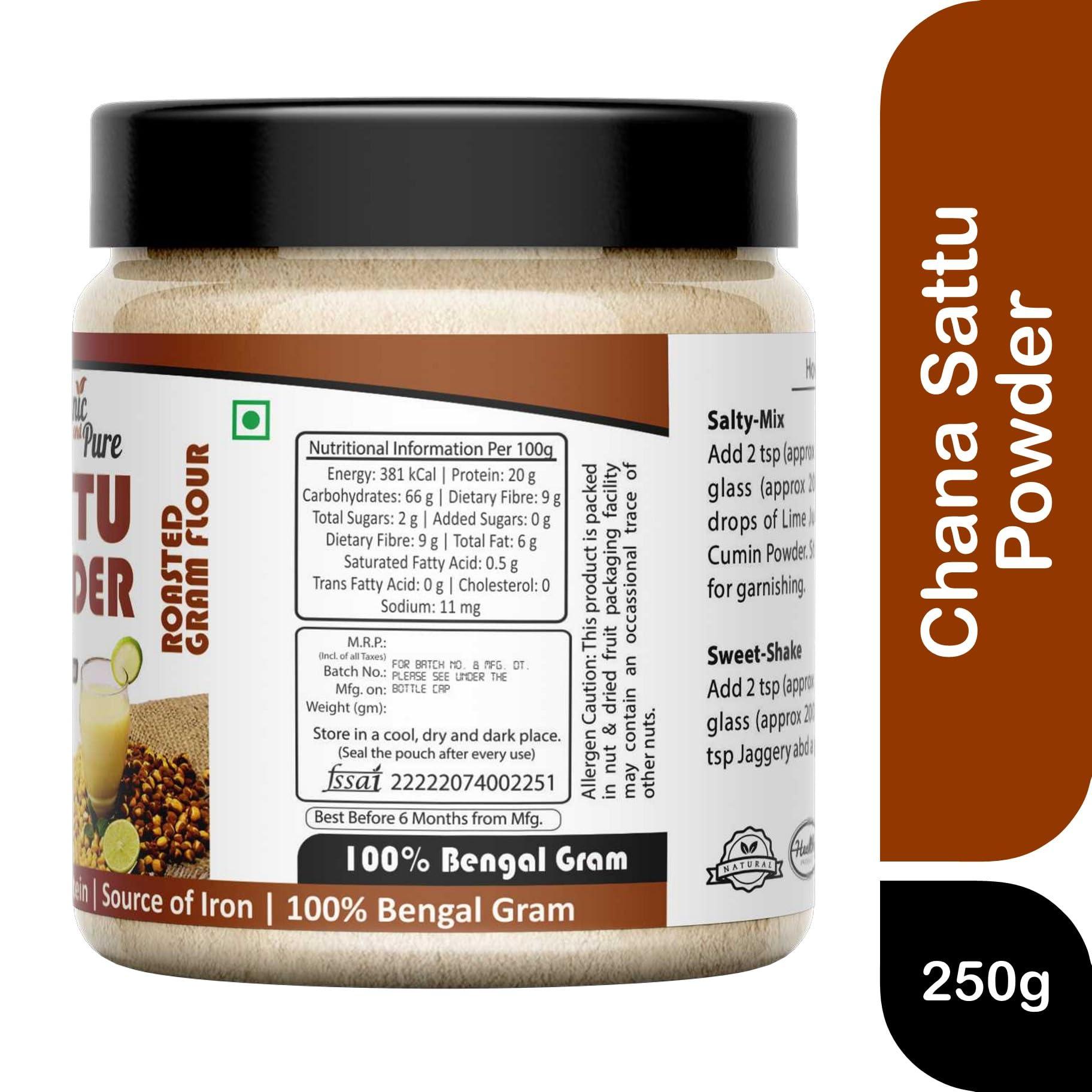 Organic and Pure Organic and Pure Chana Sattu Powder | Chana Ka Sattu | Roasted Gram Flour for Drink, Weight Gain, Protein, Muscle Gain (Jar Pack) (150g)