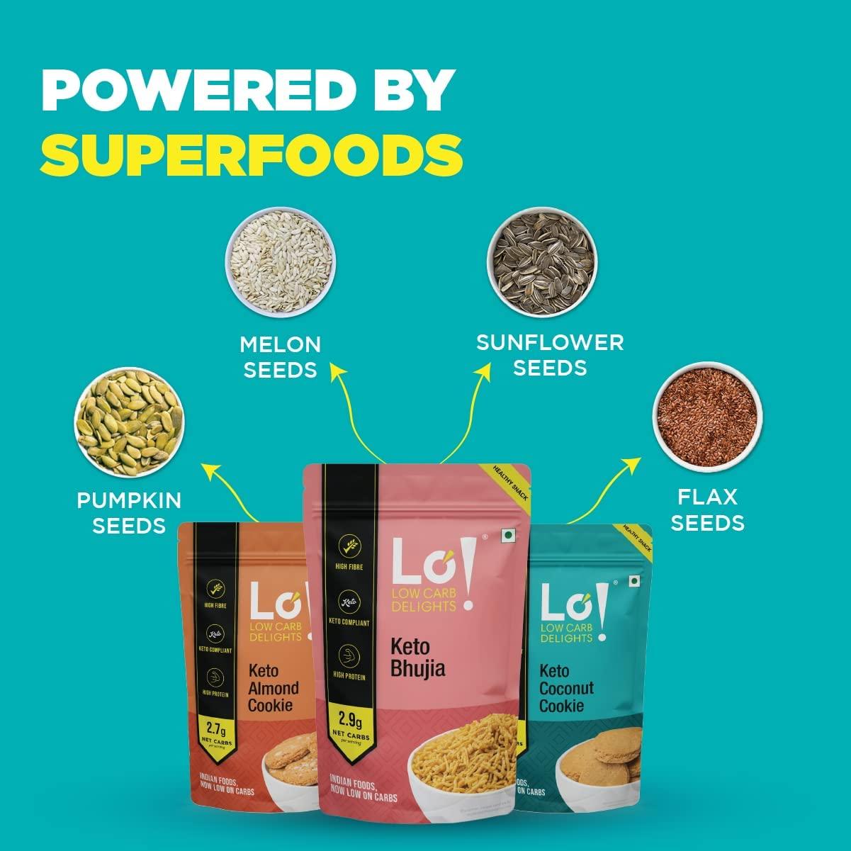 Lo! Low Carb Delights Lo! Foods - Keto Snacks Combo | Pack of 6 Delicious Keto Namkeen & Keto Cookies for Keto Diet | Superfood Low Carb Snack | Diet Snacks Food | Sugarfree Cookies - (200g x Pack of 6)