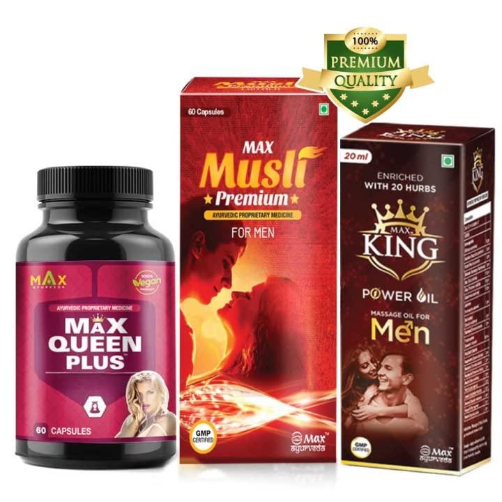 Max Ayurveda Max Ayurveda Couple Combo of Musli Premium, King Power Herbal Massage Oil For Men & Max Queen Plus Capsules For Women (60 + 60 Capsules + 1 Oil Bottle)
