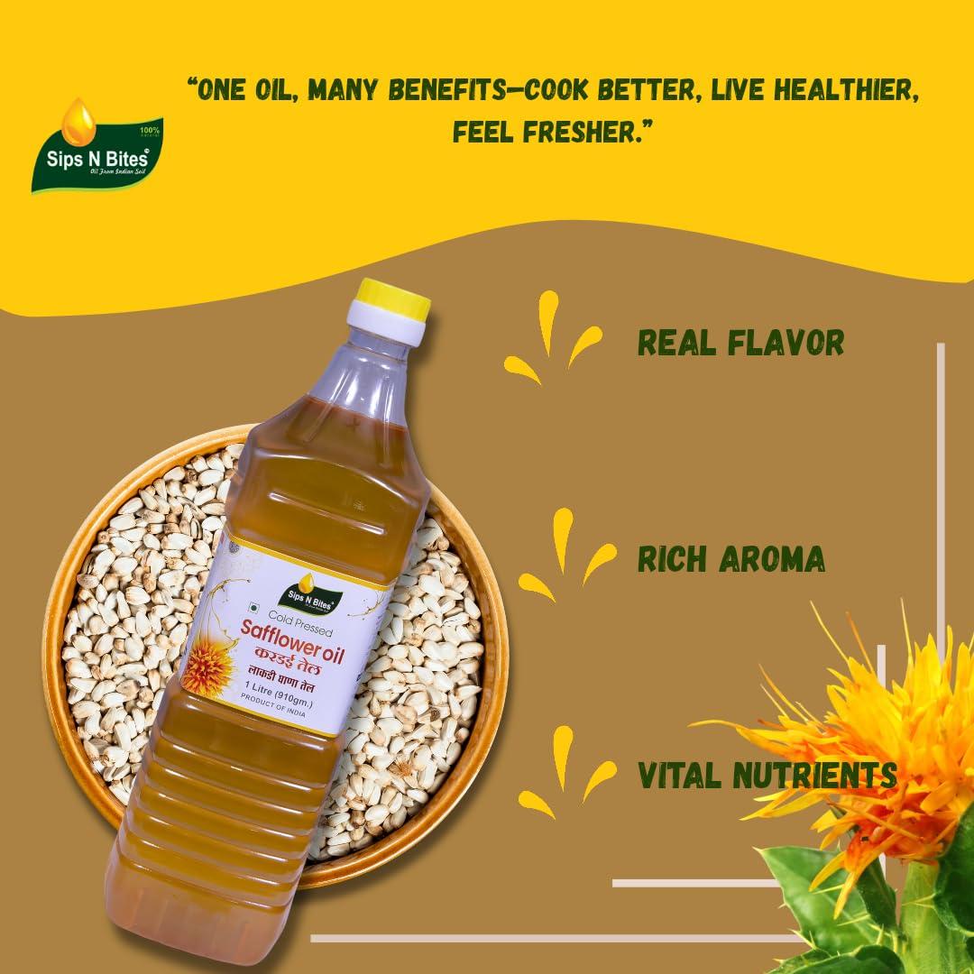 Sips N Bites Sips N Bites Cold Pressed Safflower Oil | 1 litre For Cooking | Lakdi Ghana | Kardi ka Tel | Lakdi Ghani Ka Oil | Kardai Tel Extracted On Wooden Churner 1000ml Bottle (Pack of 1)