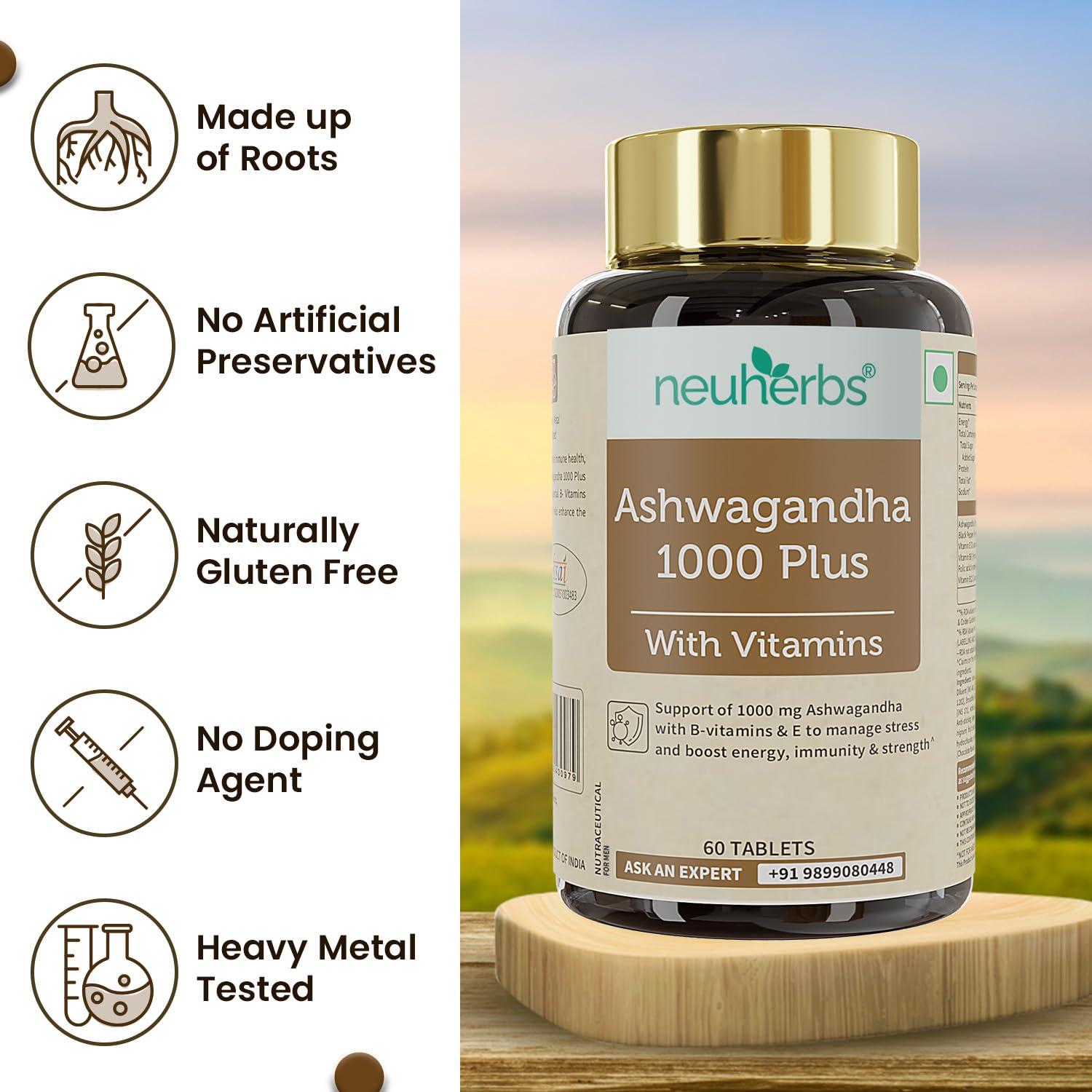 Neuherbs Neuherbs Ashwagandha 1000 Plus [Manage Anxiety & Stress Relief] Enhanced Absorption & Antioxidants Rich with vitamin E & B-complex for General wellness, Immunity Booster & Improve Vigour - 60 Tabs