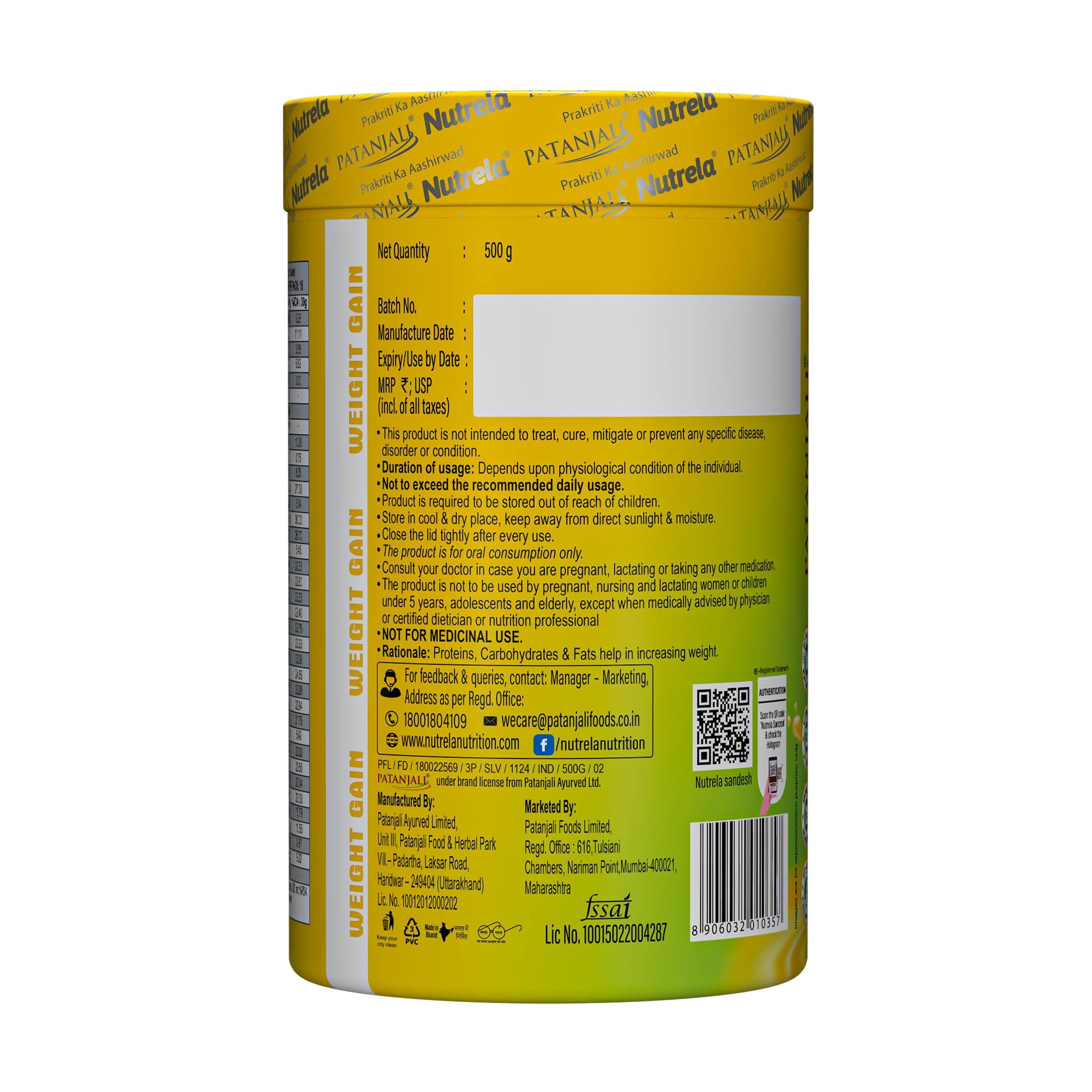 NUTRELA Nutrela Weight Gainer Powder - 500 gram, Mango Flavour | 20g Protein, 66.8 Carbs, 13 Vitamins & 12 Minerals with Khandsari Sugar | Ideal for Athlete, Men, Women & Kids above 10 Year