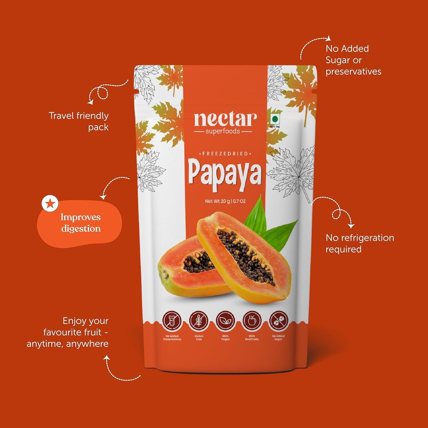 Nectar Superfoods Nectar Superfoods Freeze Dried Papaya | No Preservatives, No Added Sugar, Healthy Dried Fruit | 100% Natural, Vegan, Gluten Free Snack for Kids and Adults | 20 gram Pouch (Pack of 2)