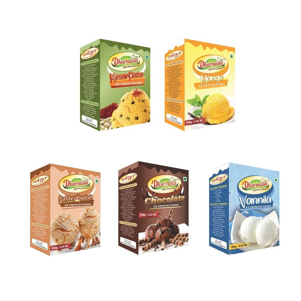 DHARMASUT DHARMASUT Kesar Pista + Mango + Butter Scotch + Chocolate + Vanilla Ice Cream Powder | Pack of 5 | 500 gm