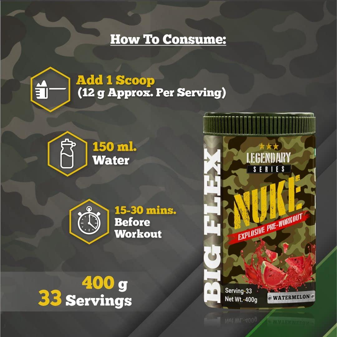 Bigflex Bigflex Nuke Pre Workout Powder| 33 Servings |Energy Booster| |Muscle Pump| |Strength Improvement| Preworkout For Men | Pre Workout For Women (Watermelon, 400 gm)