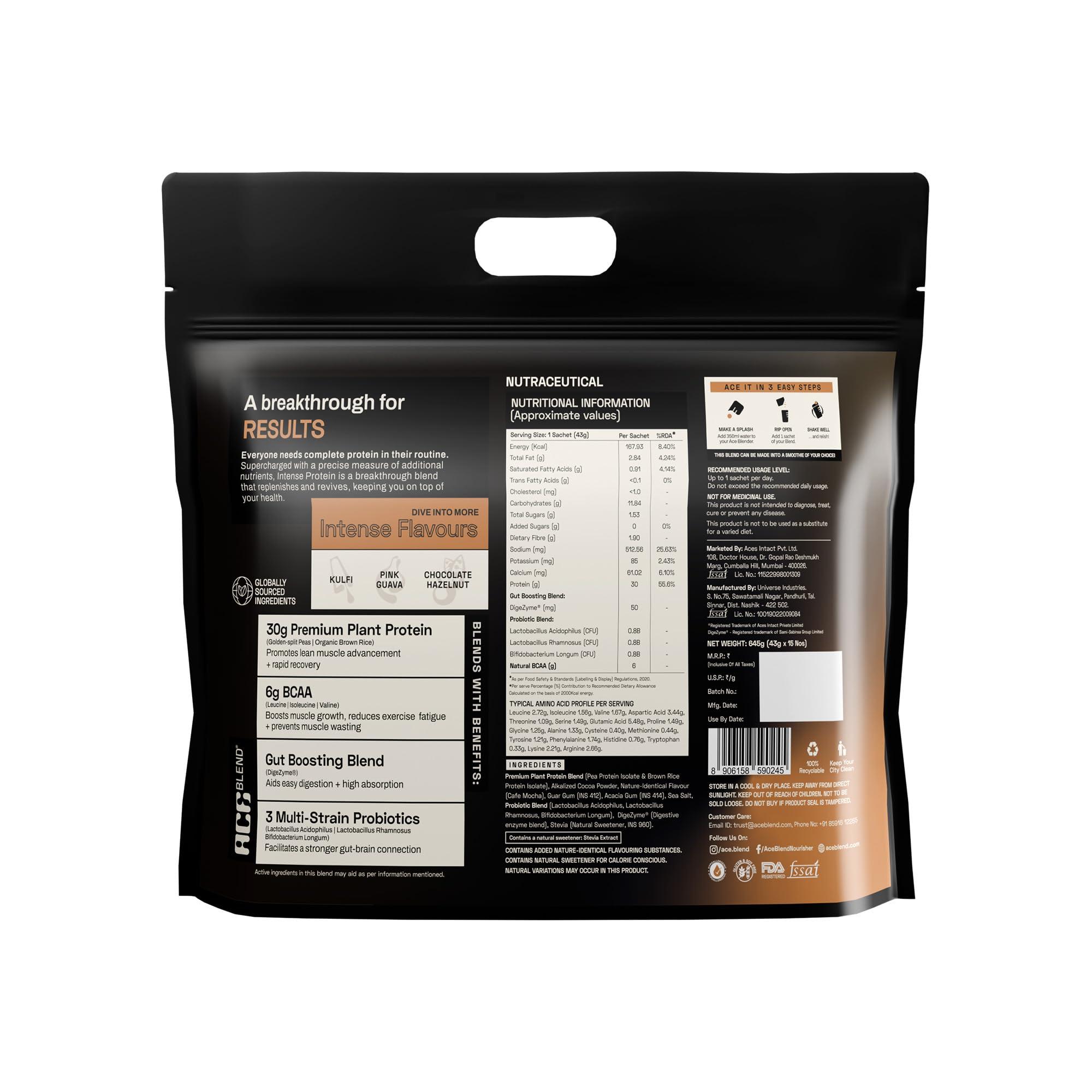 Ace Blend Ace Blend Intense 30G Plant Protein (15 Servings) | Pea & Brown Rice Isolate | 6G BCAA | Complete Amino Acid Profile | Gut Friendly | Muscle Growth & Recovery | Men & Women | Mocha Flavour