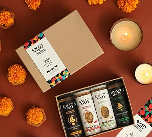 Roasty Tasty Roasty Tasty Roasted Healthy Snacks Box of Joy Gift Hamper Pack of 4 (Peanuts Cheese, Peanuts Jalapeno, Quinoa & Seeds Chilli Lime, Quinoa & Seeds Peri Peri)