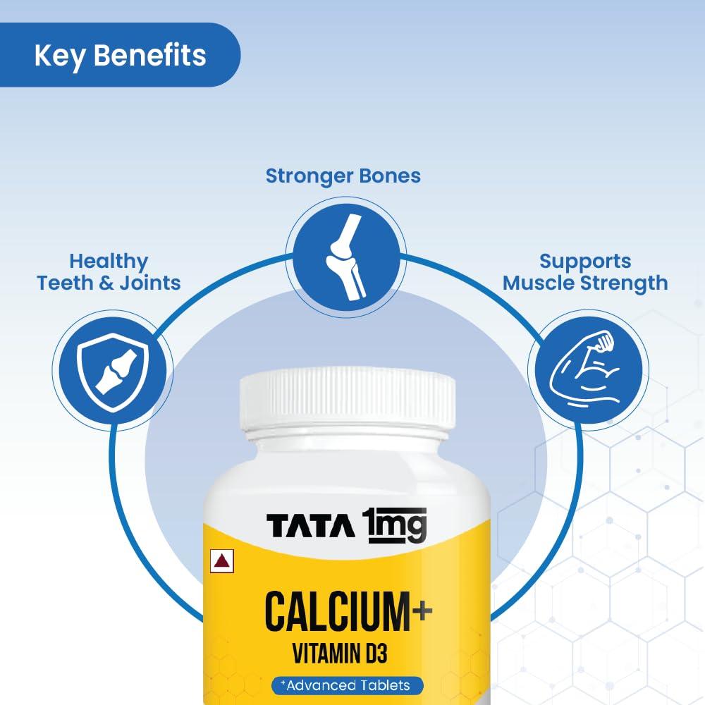 TATA 1MG TATA 1mg Calcium & Vitamin D3 supplement with Zinc, Magnesium & Alfalfa | High absorption Calcium Citrate Maleate form | 500mg Calcium & 400iu Vitamin D3 | For strong bones & joints | 60 tablets