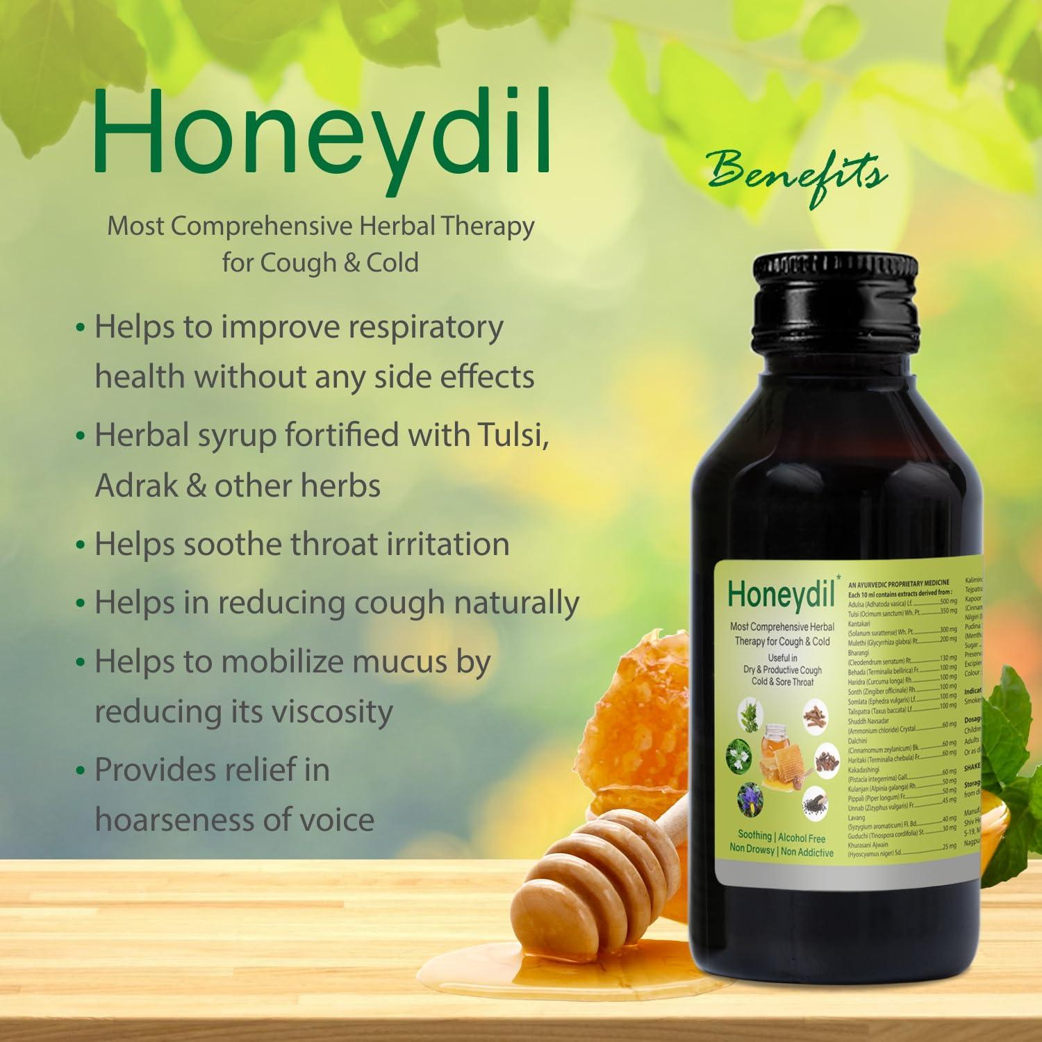 Honeydil Honeydil Cough Syrup 100 ml | With goodness of Adulsa, Tulsi, Kantakari, Haridra, Bharangi & Mulethi |Natural Ingredients| Non-Drowsy (Pack of 1 (100ml))
