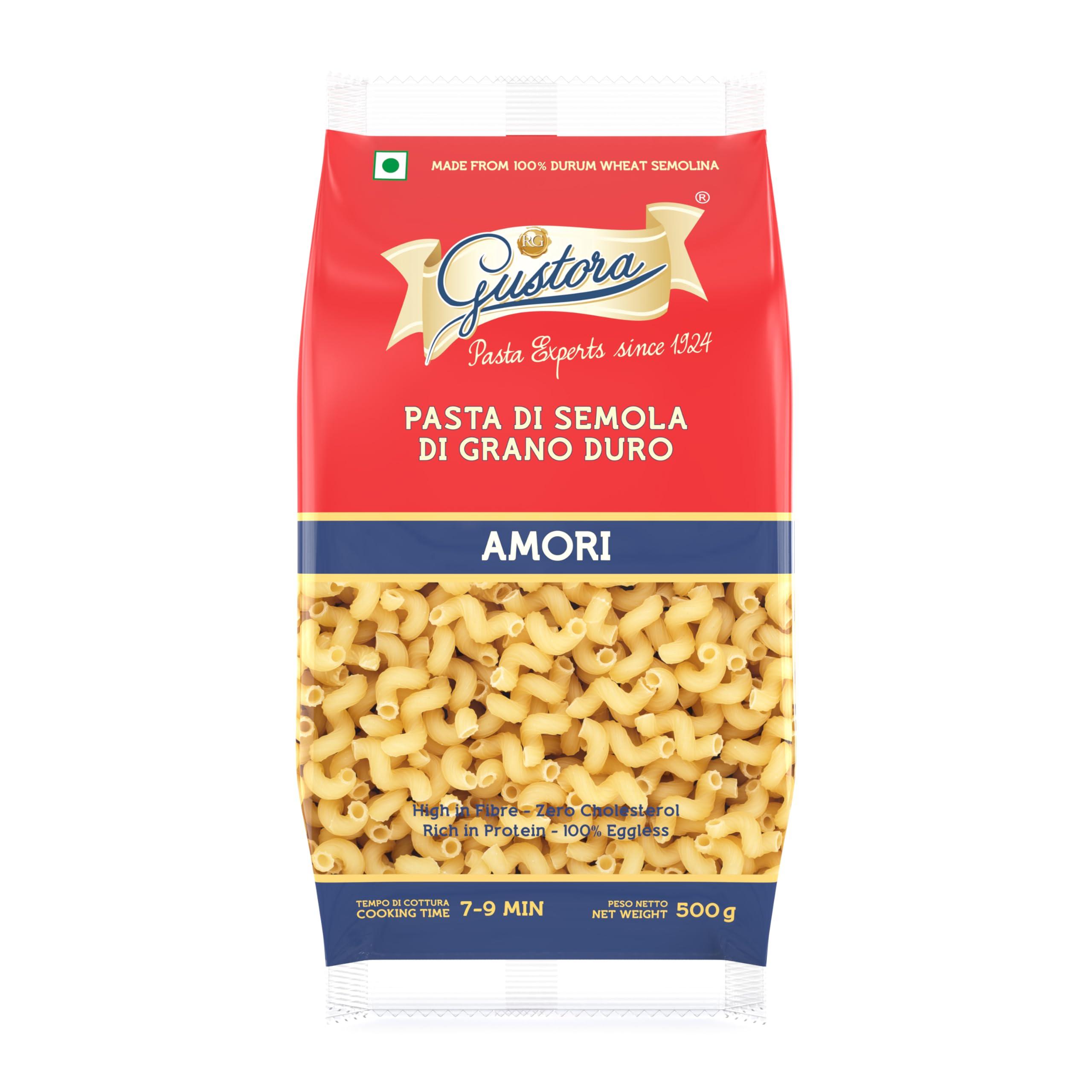 Gustora Gustora Amori Pasta, 500g I Made of 100% Durum Wheat Semolina I Rich in Protein & Fibre I Vegetarian I Zero Cholesterol I No Trans-fat I Cooking Time 10 Minutes - 500G