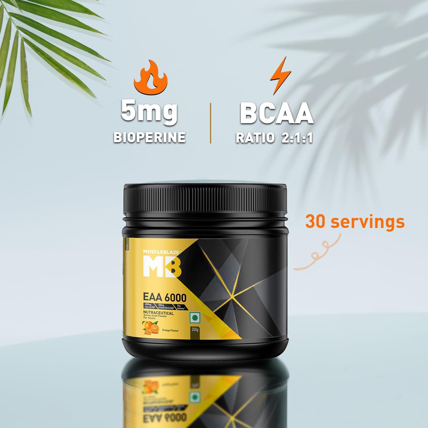 MuscleBlaze MuscleBlaze EAA 6000, 6000mg EAAs Blend Powder (Orange Flavour, 250g, 25 Servings) | 800mg Hydration Blend & 5mg Bioperine