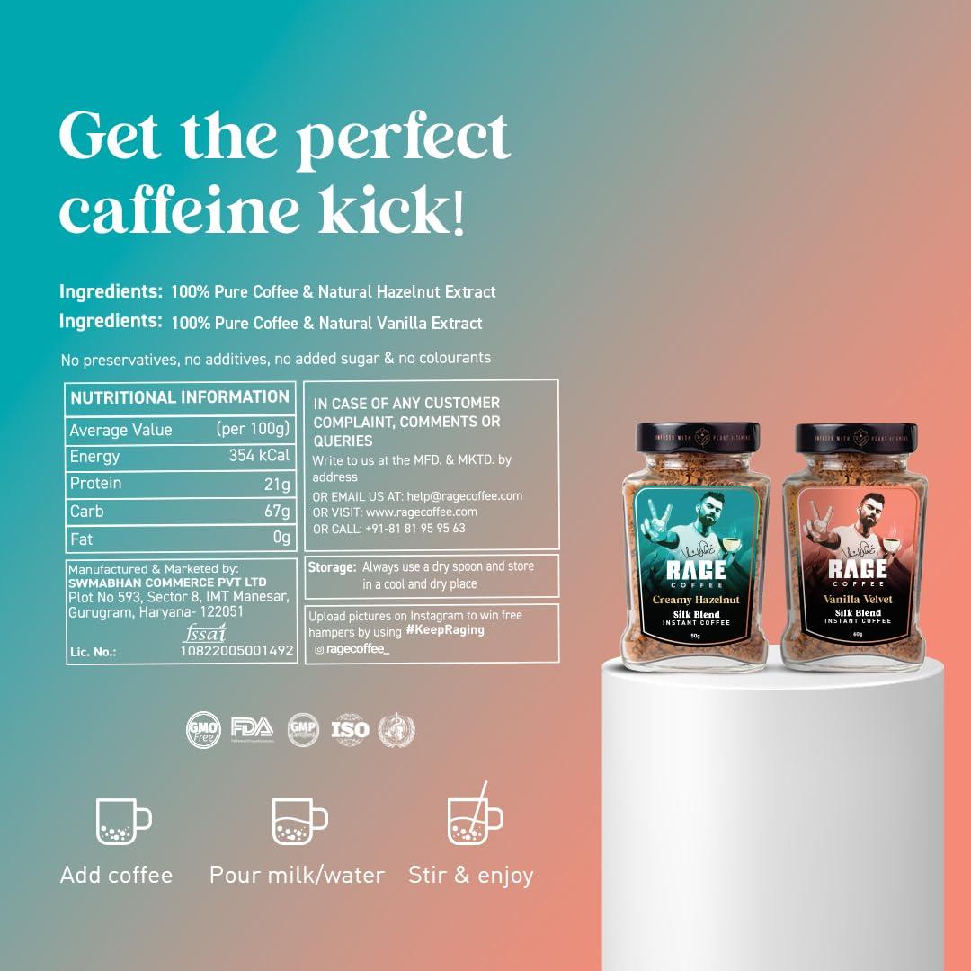 RAGE COFFEE Rage Coffee Silk Blend Instant Coffee | Creamy Hazelnut & Vanilla Velvet Silk Blend Flavoured Coffee 60 GMs Each | 100% Pure Instant Coffee | Premium, Bold & Smooth | Pack of 2