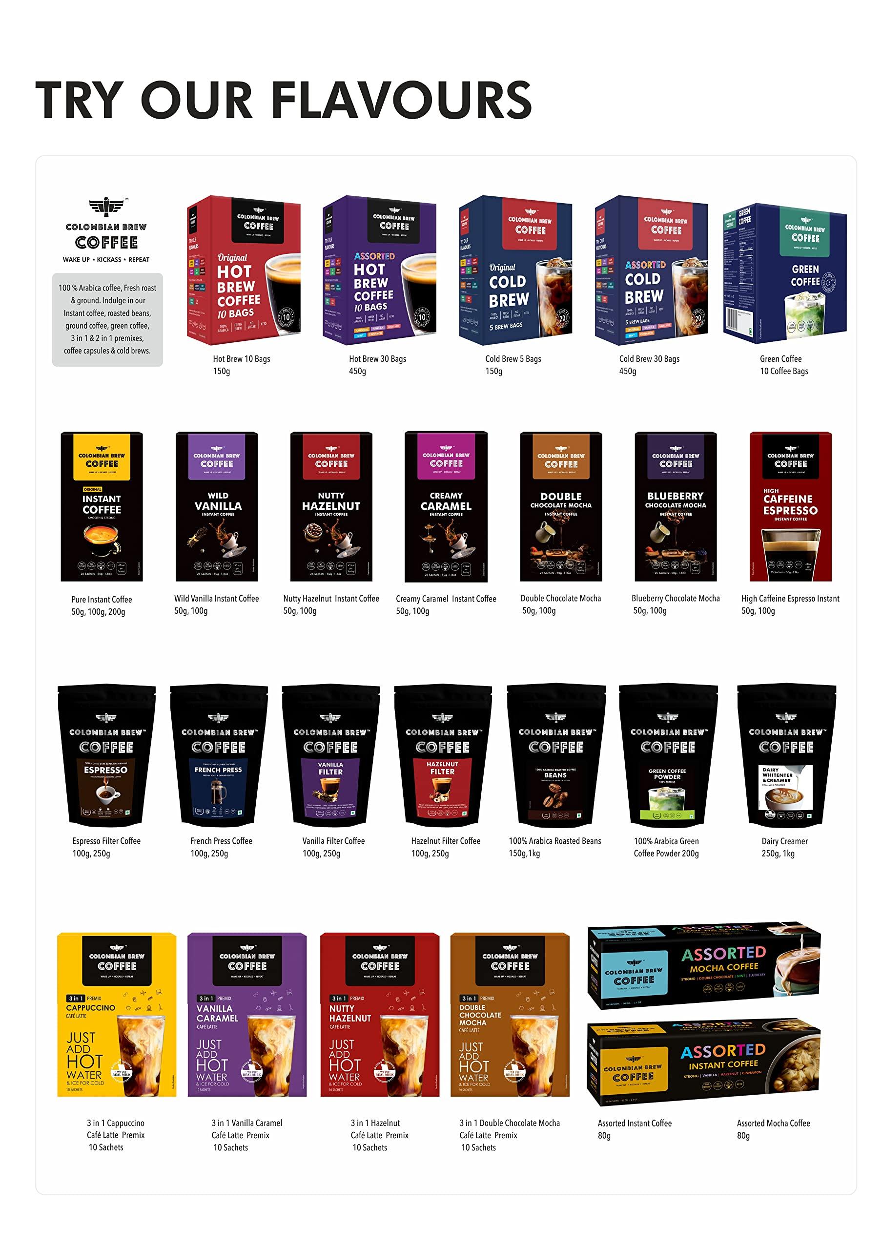 COLOMBIAN BREW COFFEE Colombian Brew Coffee, 100% Arabica Green Coffee Powder 200g & Colombian Brew Blueberry Chocolate Mocha Instant Coffee, No Sugar Vegan, 50g