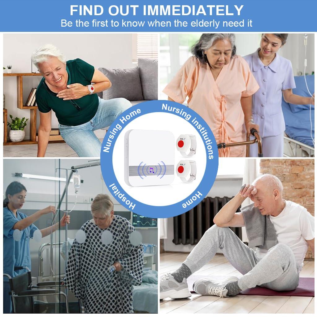 Supvox Supvox Pager Wireless Life Alert Systems for Seniors 80 M, (2 Call Buttons + 1 Receiver) Portable Pager Devices Wireless Caregiver 52 Ringtones, Home Travel Panic Buttons with Wrist Band