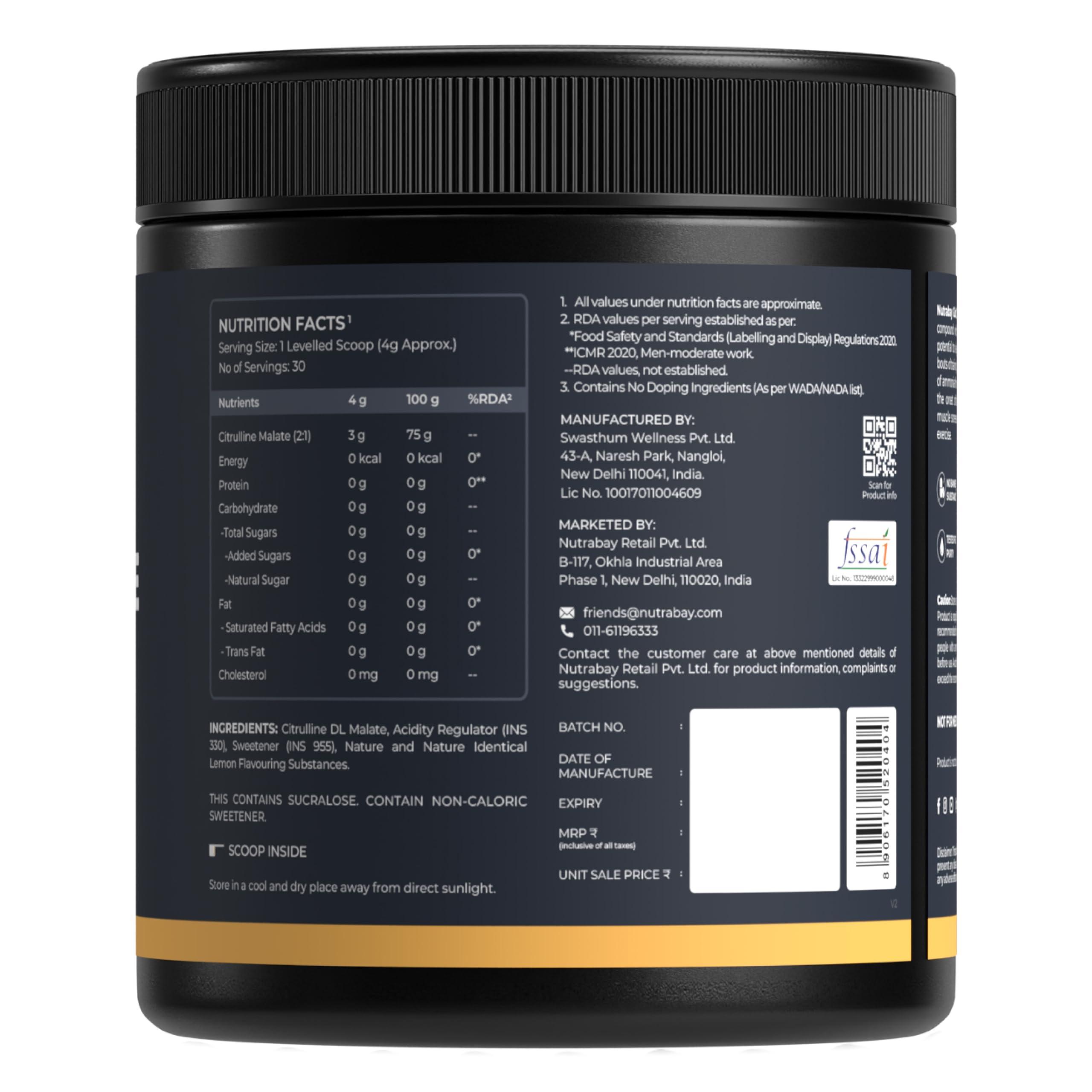 Nutrabay Nutrabay Gold Citrulline Malate 2:1 Supplement Powder - 120g, Lemon Flavor | Boosts Nitric Oxide, Pre Workout Amino Acid for Muscle Strength & Endurance