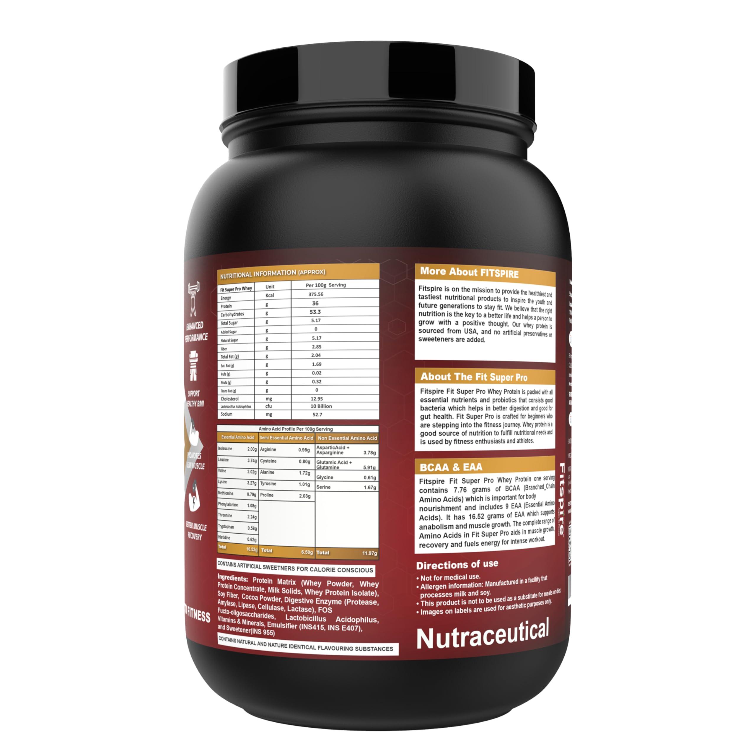 Fitspire Fitspire Fit Super Pro Whey Protein | 36g Protein | 100% Authentic & No Adulteration | Muscle Growth & Recovery | DigeZyme For Easy Digestion| Free BCAA (Double Chocolate, 2 lbs, 30 Servings)