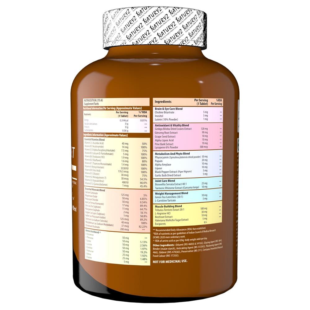 Naturyz NATURYZ MEN\'S SPORT Specialized Daily Multivitamin for Men with Highest 55 Nutrients (Vitamins, Minerals, Aminos, Enzymes, Antioxidants, Herbal Extracts ) and 13 Performance Blends for Muscle growth, Energy, Strength & Immunity - 60 Tablets(Pack of