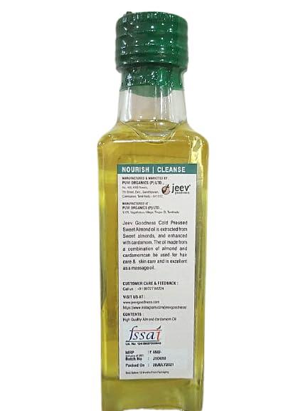 JEEV GOODNESS Jeev Goodness Cold-Pressed Sweet Almond Cardamom Oil | Single Pressed from Chemical Free Sweet Almond and Cardimum | Chemical Free| Natural Filtering | Multi-Benefit Oil for Cooking & Self care (100 ml PET)