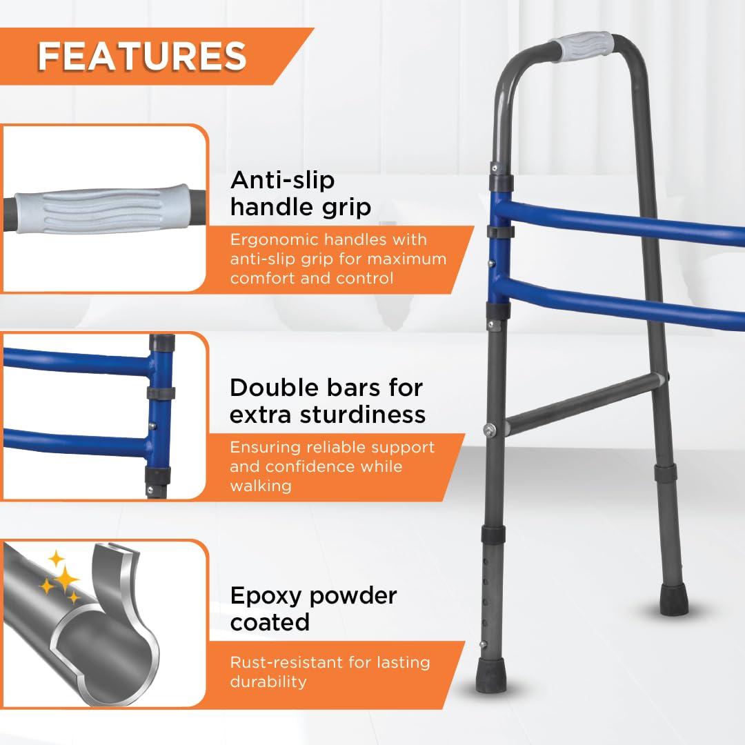 Vissco Vissco Medipedic Walker Plain With Double Bar,Walker for Elderly & Physically Challenged,Foldable, Light Weight & Height Adjustable, Made with Premium Grade Rubber Shoes & PVC Grip -Universal(Grey)