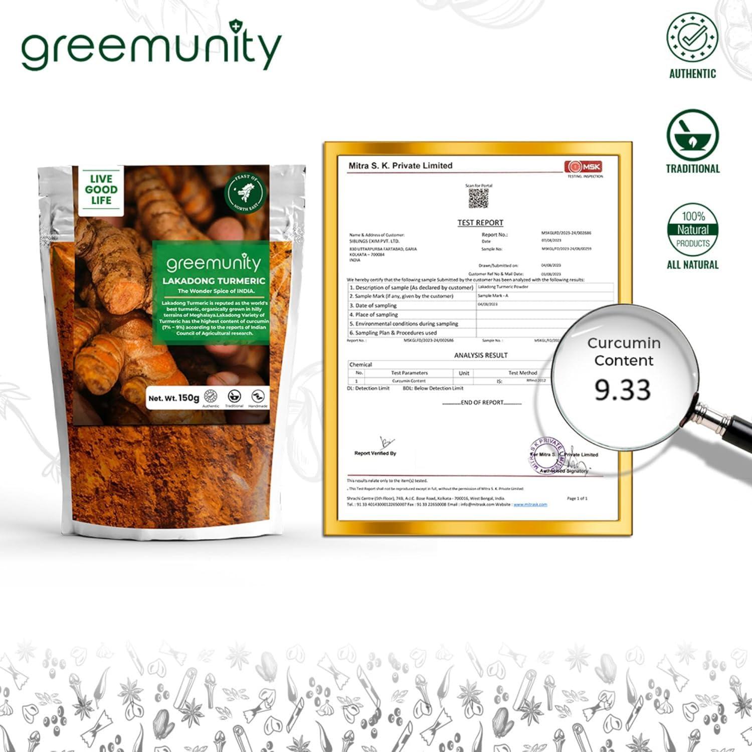 GREEMUNITY GREEMUNITY | Lakadong Turmeric 300 gms (150gms each X 2) Pack of 2 | From Jantia Hills, Meghalaya | Premium Lakadong Haldi Powder | Circumin Value 9% ~11% | High Circumin Turmeric | Organic Turmeric Powder