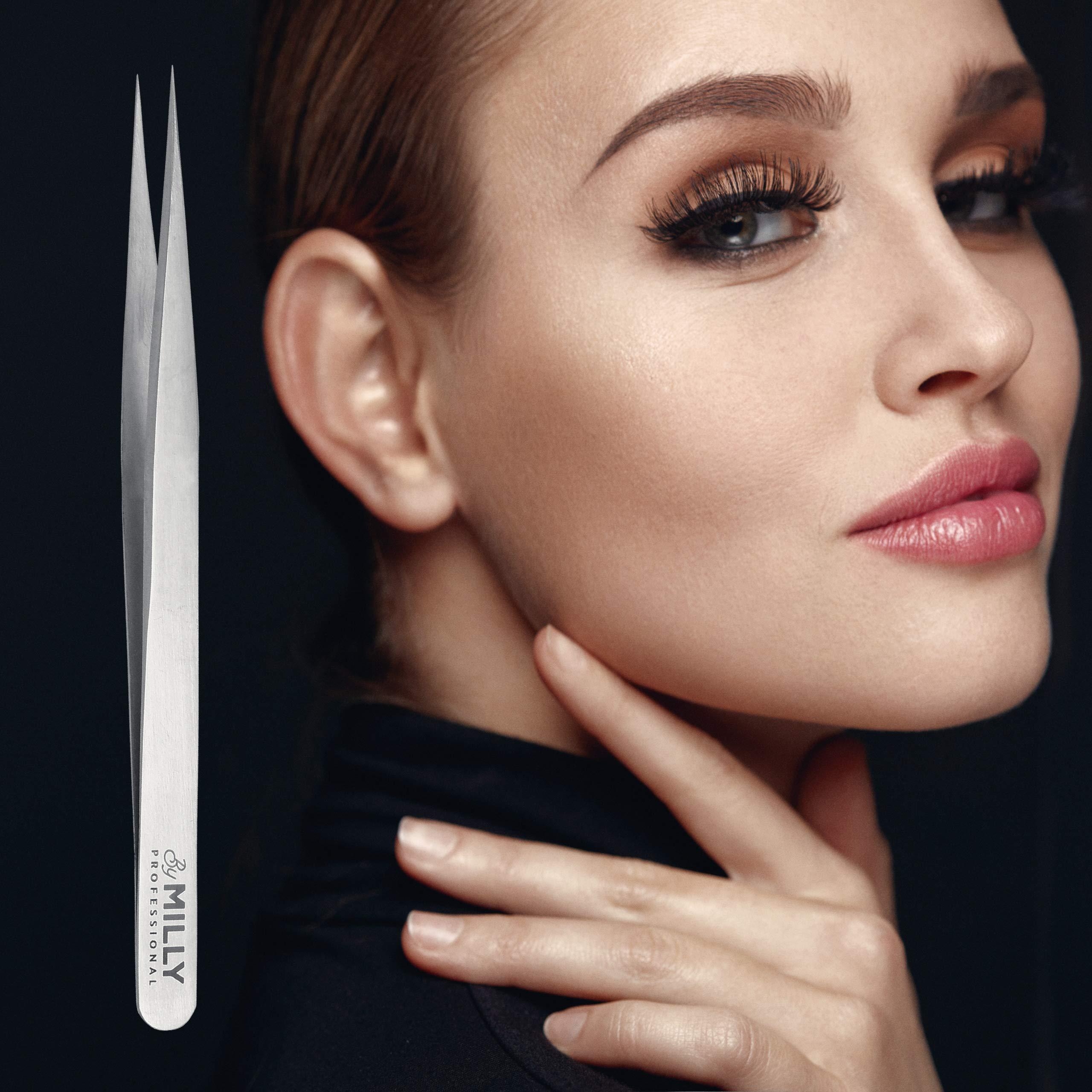 By MILLY By MILLY Professional Series - Eyelash Extension Tweezers - Straight Lash Tweezers for Classic Pickup and Isolation - Precision Pointed Tip - Titanium Coated Stainless Steel - 14 cm (5.5 inches)