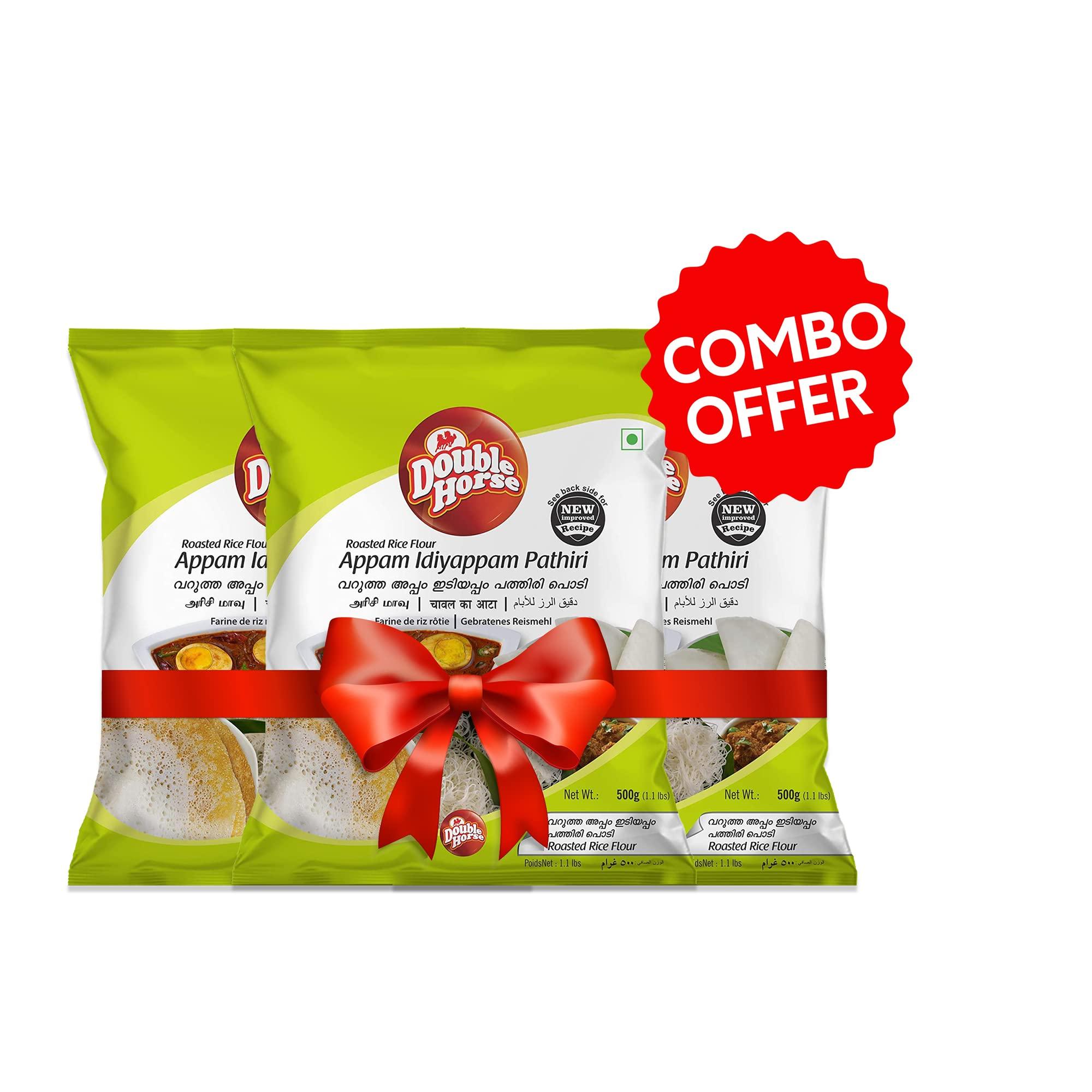 Double Horse Double Horse Traditional Appam/Idiyappam/Pathiri Rice Flour, 500g (Pack of 3) |Roasted White Rice Flour| Sortex Rice Powder| Aripodi| Pathil Powder