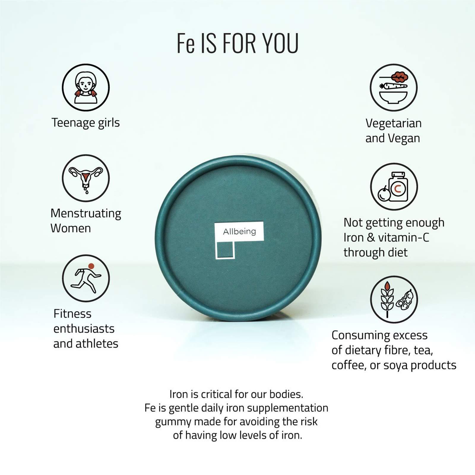 Allbeing Allbeing Iron Gummies, Good For Daily Use | Tasty Iron Supplement With No Side Effects, Highly Bioavailable, Reduces Excessive Hair Fall, Improves Physical And Mental Energy,Good For Men & Women |Helps In Healthy Pregnancy| - 60 Gummies (Pack Of 2)