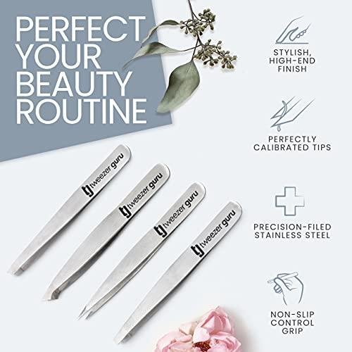 Tweezers Tweezers Set 4-piece - TweezerGuru Stainless Steel Slant Tip and Pointed Eyebrow Tweezer Set - Great Precision for Facial Hair, Ingrown Hair, Splinter, Blackhead and Tick Remover