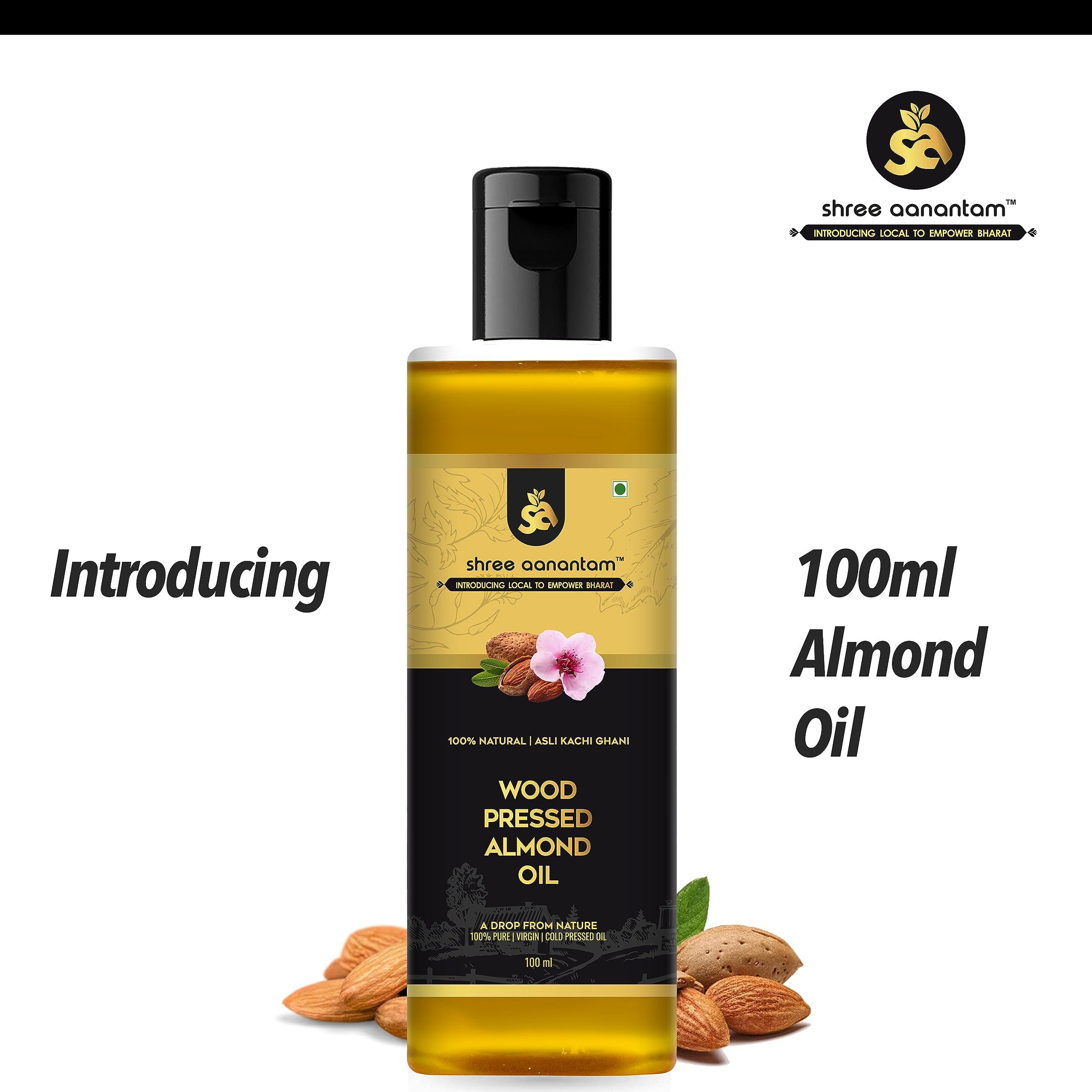 Shree Aanantam Shree Aanantam Cold Pressed Sweet Almond Oil - 100ml x 2 | Badam Tail | Rich in Vitamin E | For Healthy Skin, Hair and Body | Virgin & Cold Pressed - 100ml (Pack of 2)