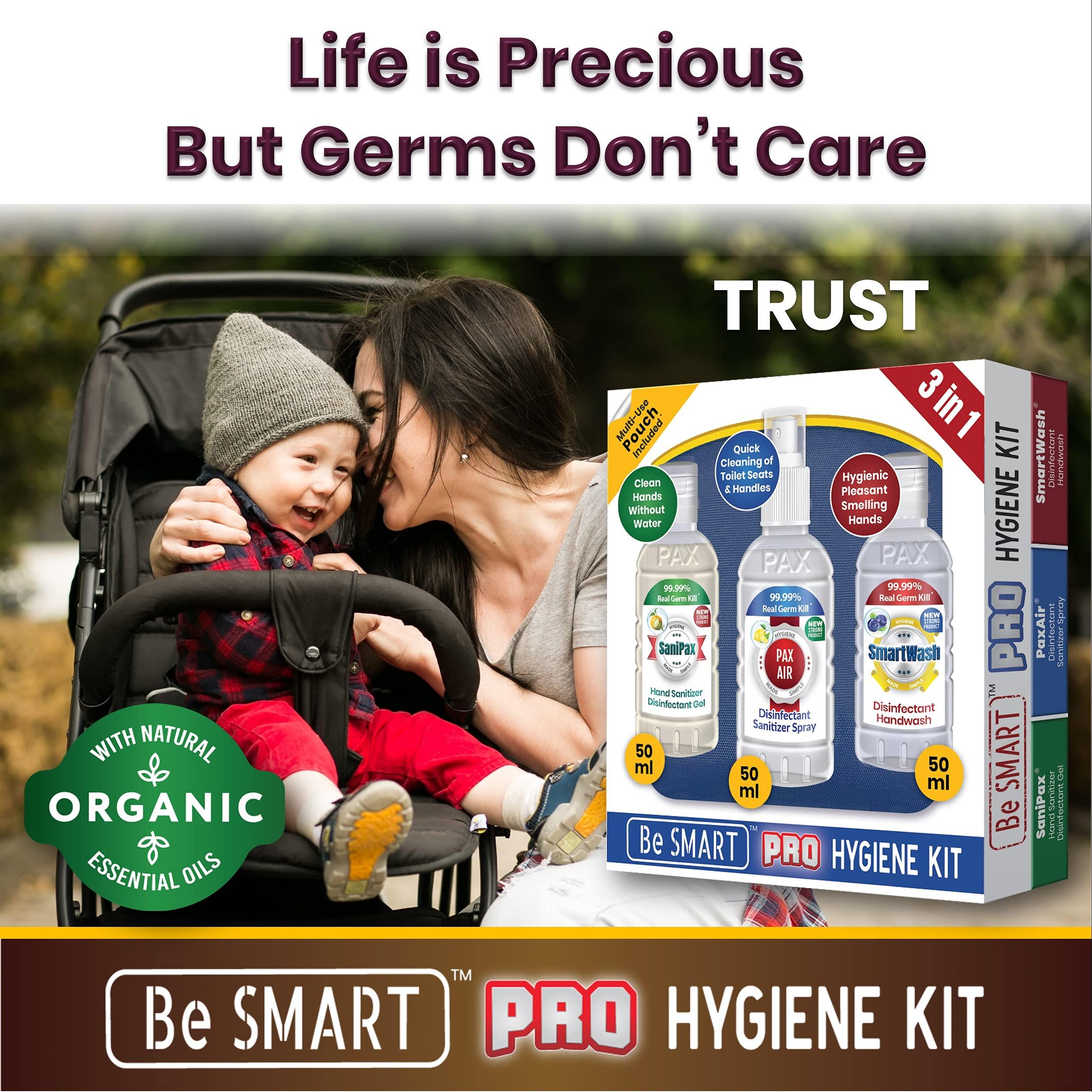 SMARTWASH BeSmart PRO Hygiene Kit : 3 in 1 Disinfectant Combo of SANIPAX Hand Sanitizer (50ml), PAXAIR Disinfectant Spray (50ml), SMARTWASH Handwash (50ml) in a Multi-Use Pouch