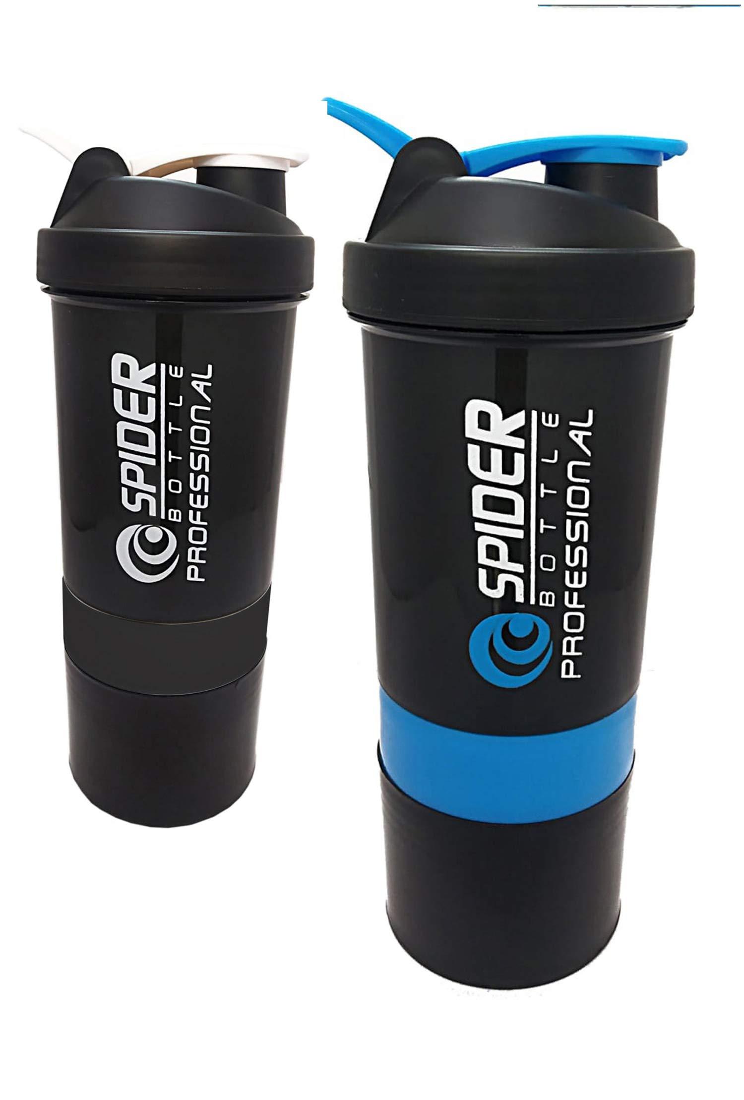 TRUE INDAIN TRUE INDIAN Combo of Spider Bottle 500 ml with 2 Storage Compartment Cup for Gym (Pack of 2 Black, Blue) Protein Shaker Blender Bottle for Whey Protein Mix