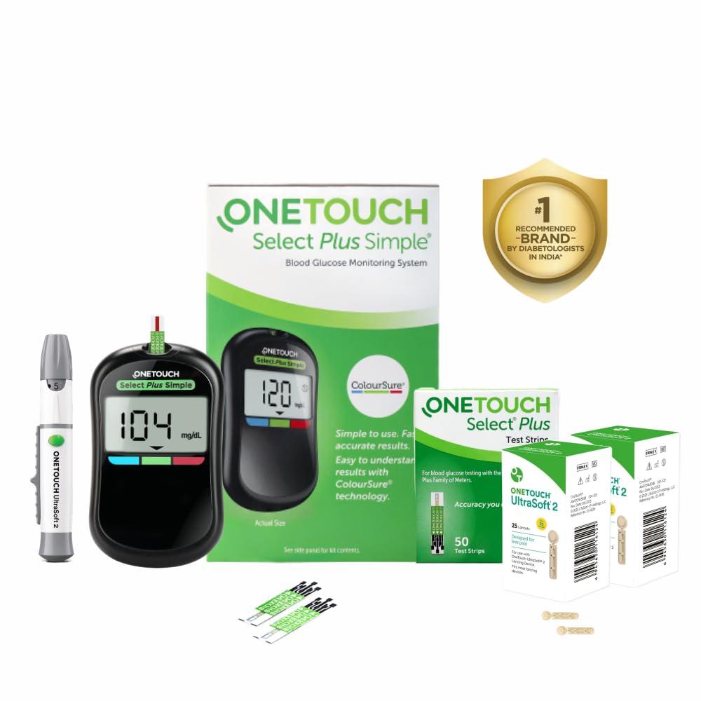 OneTouch OneTouch Select Plus Simple glucometer machine with 50 Test Strips & 50 additional Ultrasoft 2 Lancets (total 60 lancets) | Simple & accurate testing of Blood sugar level at home | Global Iconic Brand