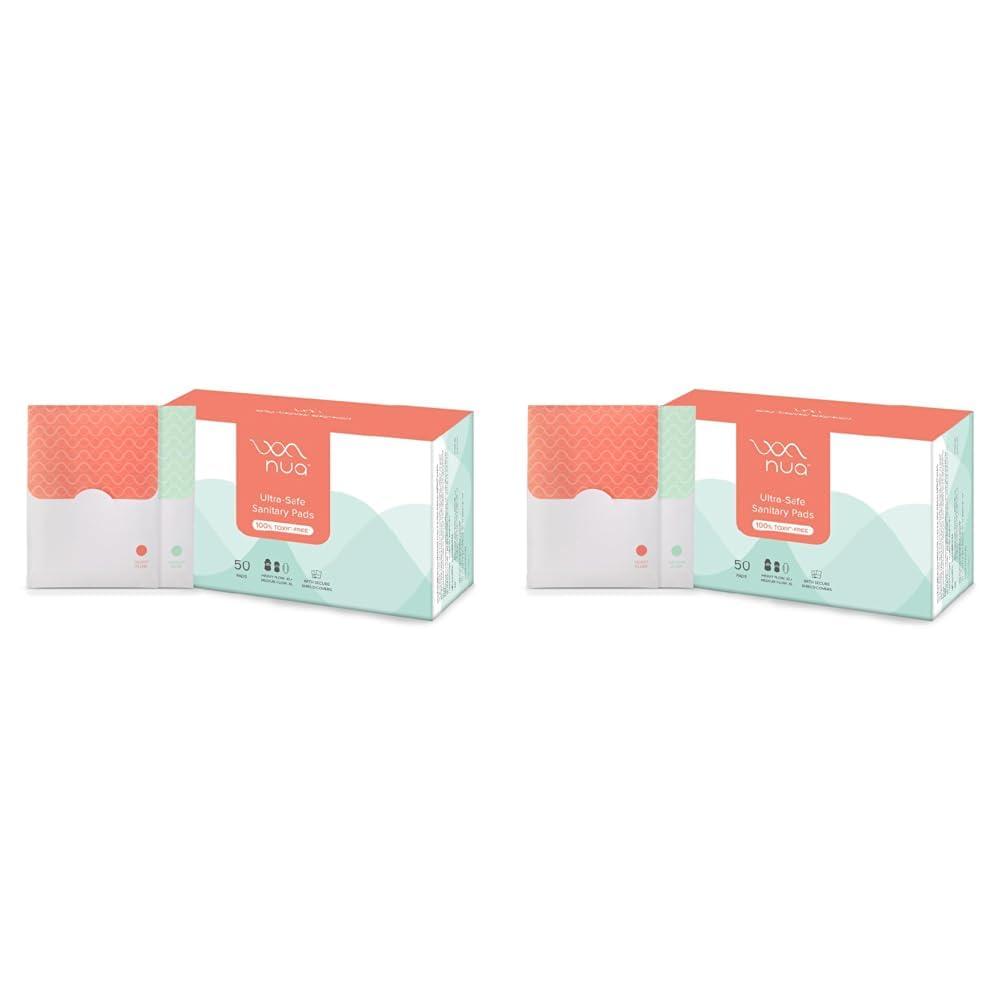 Nua Nua Sanitary Pads For Women | Safe on Skin | Toxic-Free & Rash-Free | Unscented | 50 Ultra Thin Pads | 2 sizes in 1: Heavy Flow-XL+ & Medium-XL | Leakproof | With 50 Paper Disposal Pouches| Bulk Pack|