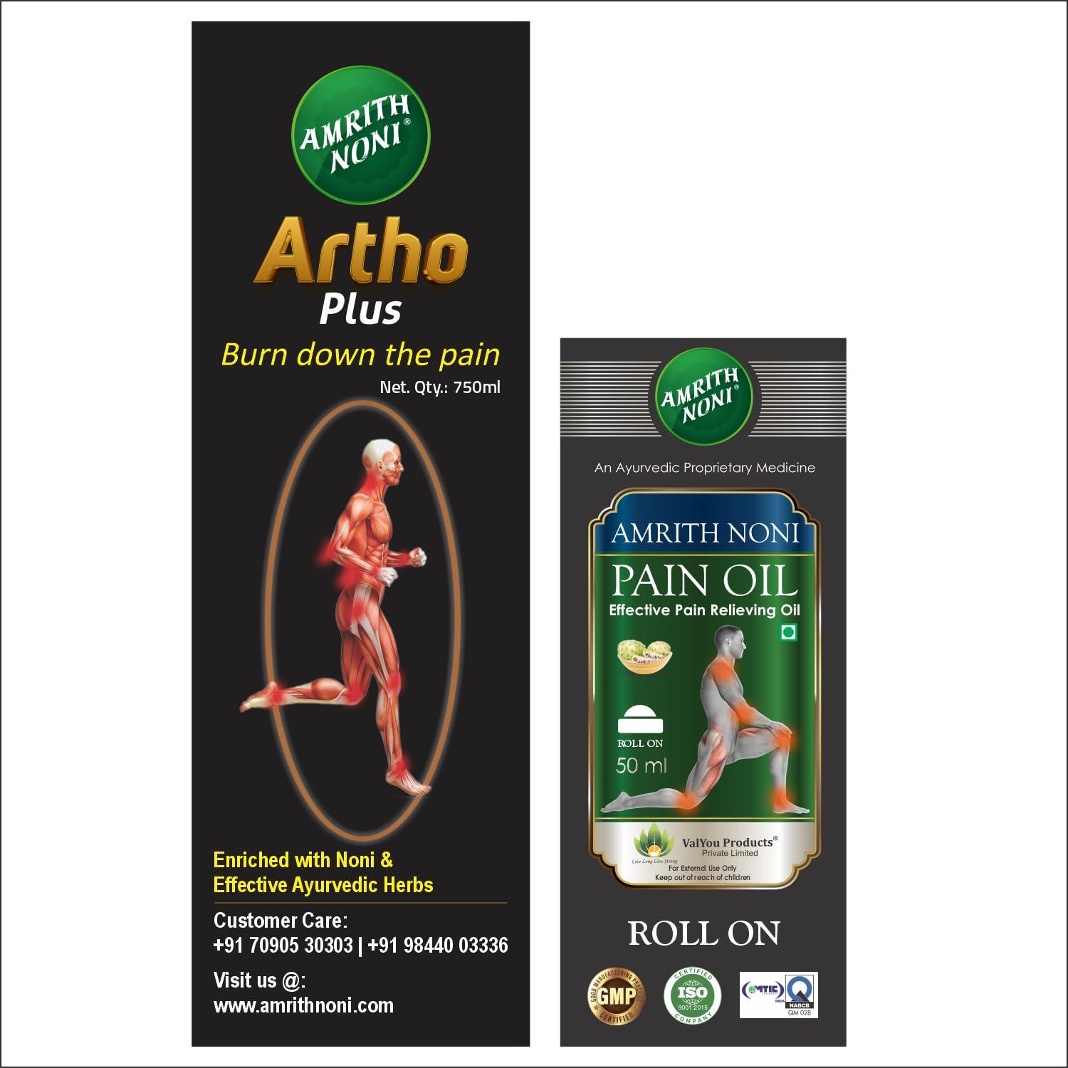 Amrith Noni Amrith Noni Artho Plus 750Ml + Pain Roll-On 50Ml - Effective Combo For Joint Health & Quick Relief From Aches And Pains, Liquid