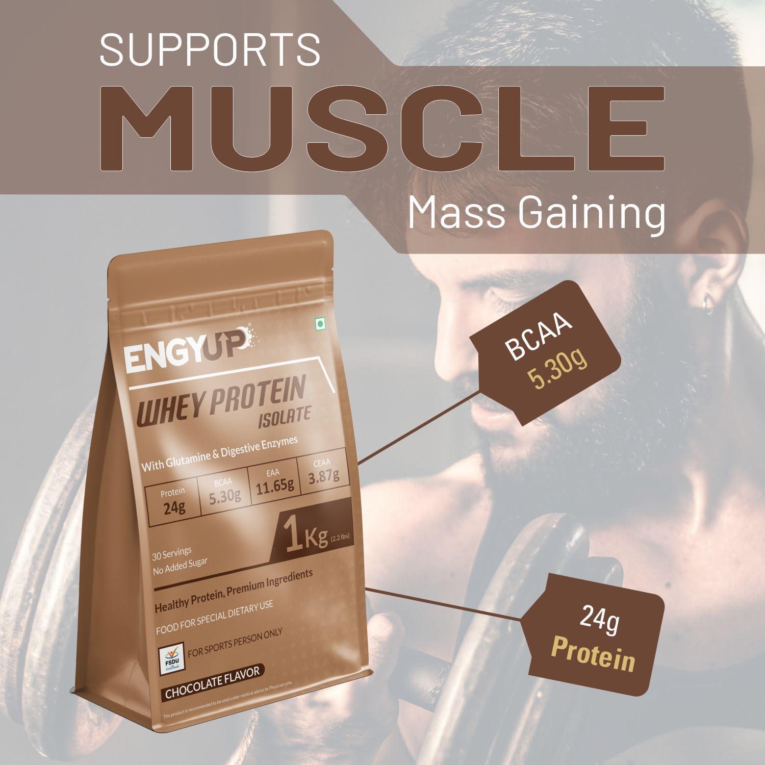 ENGYUP ENGYUP Whey Protein Isolate 90%, 24g Protein, Rich BCAA & EAA Profile, Chocolate Flavor, 1Kg