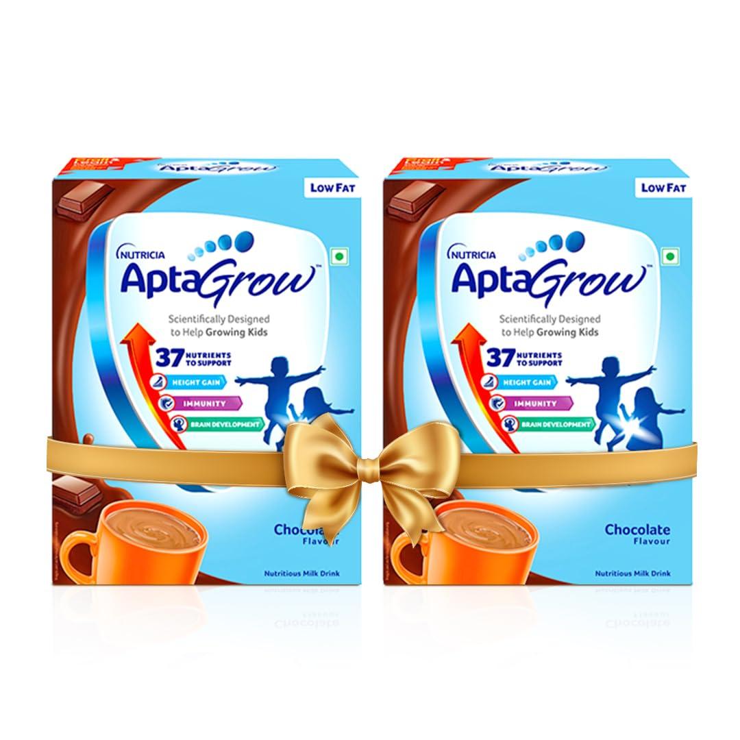 AptaGrow AptaGrow Milk Drink Powder for Kid s Height Gain, Immunity & Brain Development, Nutritious & Tasty Chocolate Flavor, 400g | 37 Nutrients | Prebiotics | Low Fat | Veg | Pack of 2