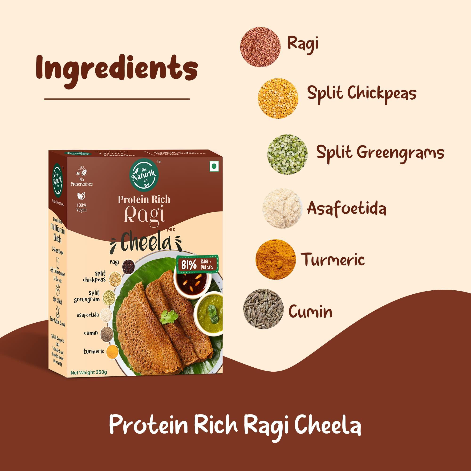 The Naturik Co The Naturik Co. Ragi Chilla Mix 250g (Pack of 4): Instant, Ready-to-Cook Cheela & Dosa Mix with 81% Ragi & Pulses, High-Protein Healthy Breakfast Option for Kids & Family.