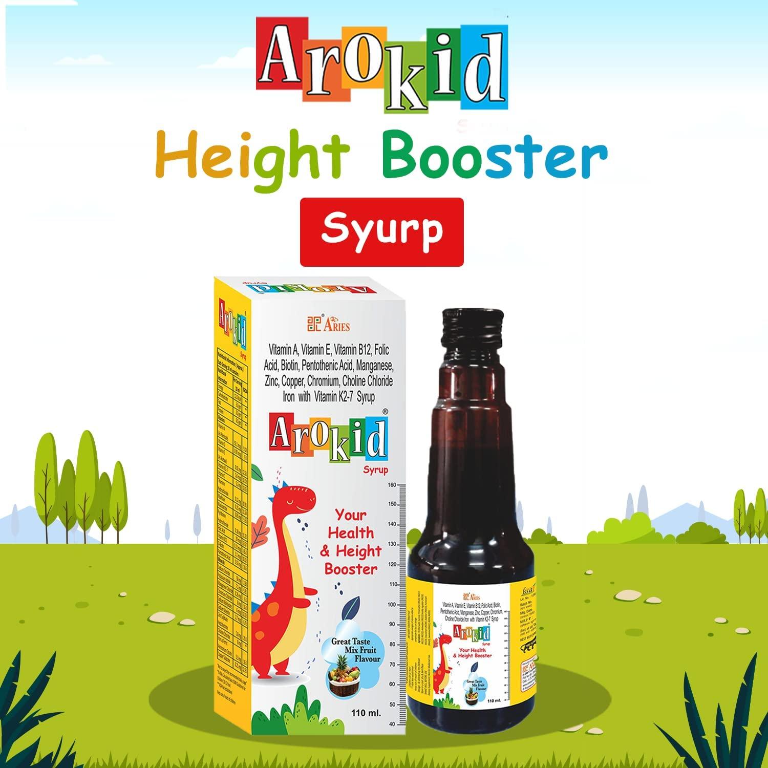 Arokid Arokid Aries Multivitamin&Multimineral Syrup For Kids With Iron,Zinc,Vitamin A,E,B12&K2-7 Health-Height Booster Great Taste Of Mix Fruit Strong Muscle And Better Immunity 110Ml(Pack Of 1)