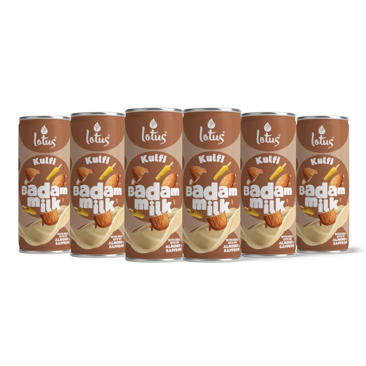 Lotus Lotus Kulfi Badam Milk, 180 ML Can | Pack of 6 | With Real Bits of Almonds and Saffron | No Preservatives | No Artificial Flavours and Colors | Rakhi Gift for Sister and Brother