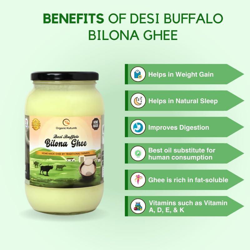 Organic Kutumb Organic Kutumb Buffalo Bilona Ghee-1L | Desi Ghee for Better Digestion & Immunity Booster | Prepared Using Traditional Bilona Method | Pure, Natural & Healthy (Pack Of 2)