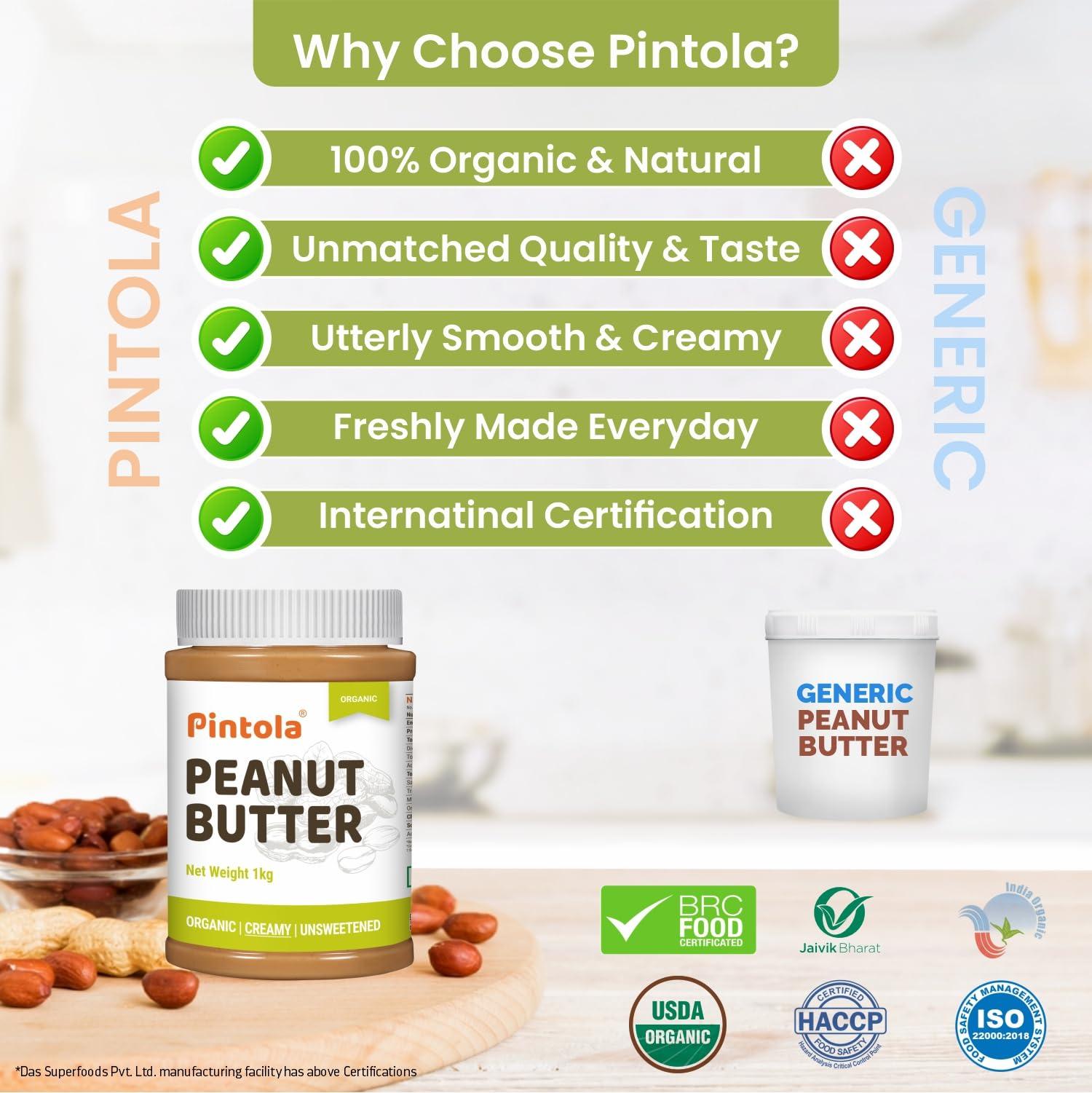 Pintola Pintola Organic Unsweetened Peanut Butter Creamy 1kg - High Protein 30g & 9g Dietary Fiber, Made with Organic Peanuts, No Added Sugar, No Preservatives