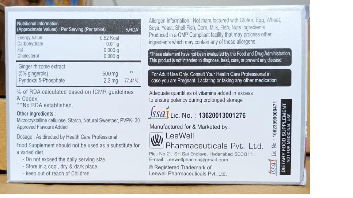 MIGRANTA Migranta -Ms Chewable Ginger Candy for Mild Acid Reflux, Nausea Vomiting Relief | Ginger with vitamin B6 (pyridoxine) | Accelerates Gastric Emptying, Gastrointestinal Motility | Morning Sickness & Nvp support - 60 tablets Sugarfree