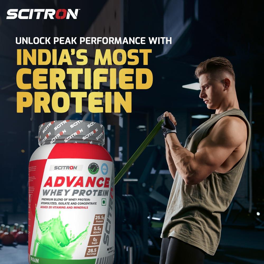 SCITRON Scitron Advance Whey Protein 1Kg Paan (28.5 Servings, 25.5g Protein, 5.5g BCAAs, 0g Sugar, 20 Vitamins & Minerals) Certified by Labdoor, USA | Sourced from Glanbia Nutrition | Certified by Informed Choice