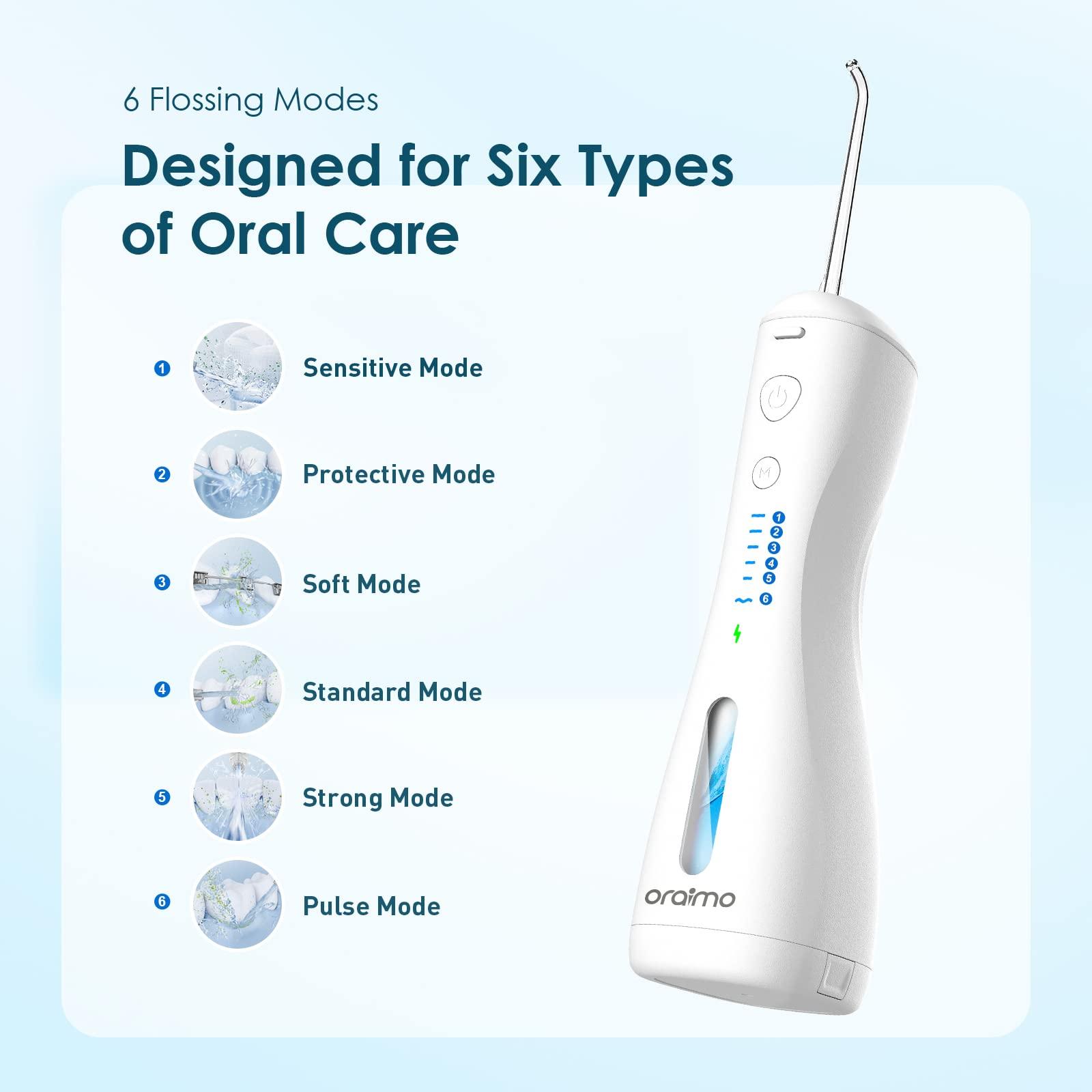 Oraimo Oraimo Power Water Dental Flosser for Teeth,Smart Cordless Oral Irrigator | 220 ml Tank Capacity| 6 Modes Quickly Clean the 99% Food Residues and Plaque| With 4 Functional Jet Nozzles | IPX7 Waterproof Water Flosser