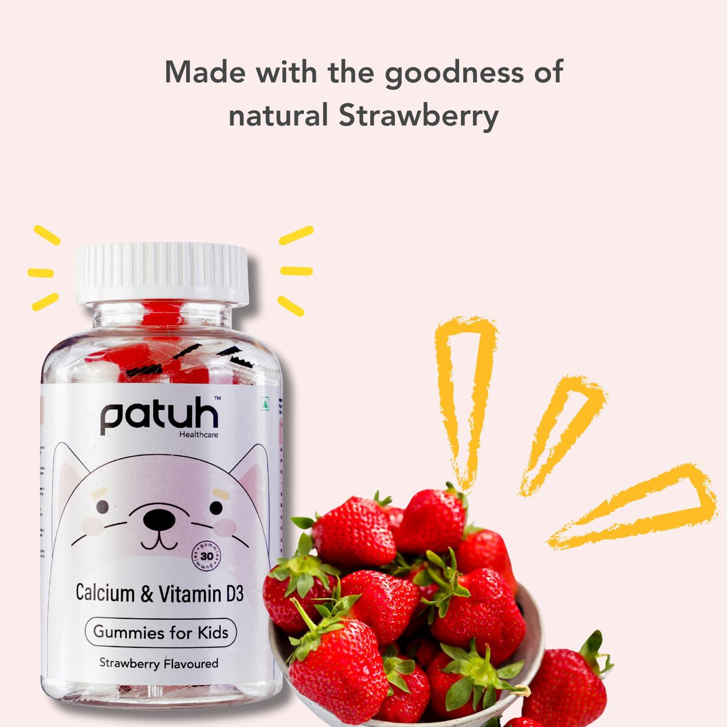 PATUH HEALTHCARE Patuh Healthcare Combo Calcium and Vitamin D3, Iron, Omega 3 Gummies for kids (4 years+) | 30 Day Pack | 100% Vegetarian, Natural Strawberry flavour,Pomegranate flavour,Mango flavour