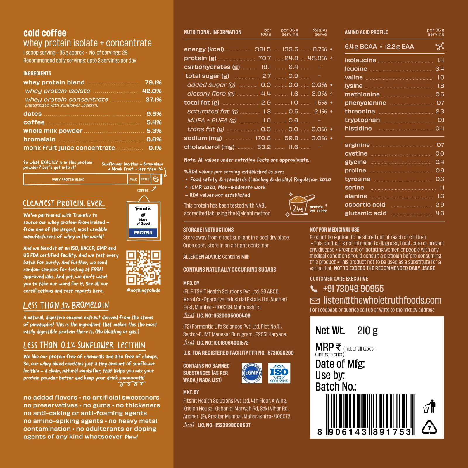 The Whole Truth The Whole Truth Whey Protein Isolate+Concentrate | Cold Coffee 210g (Pack of 6) | 24g Protein/Sachet 6.4g BCAA | 100% Authentic & No Adulteration | Clean, Light & Easy to Digest | Sample & Travel Pack