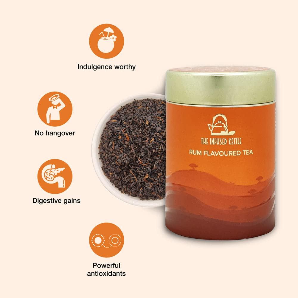 The Infused Kettle The Infused Kettle Premium Rum Flavoured Tea, 22 Cups, Loose Black Tea Leaves Infused with Rum Flavour, Smoky Aroma, Low Caffeine Chai - 50gm