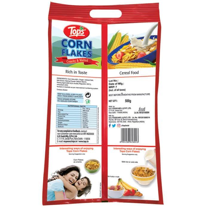 TOPS TOPS Corn Flakes 1 kg (500 gm *2 pouch) | No Added Flavour| Low Fat & Low Cholesterol | Dietary Fibre | Deliciously Crunchy | Breakfast Cereal