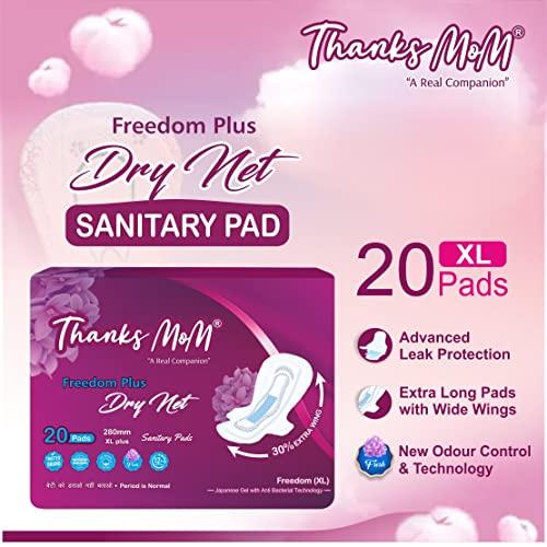 Thanks mom Thanks mom Freedom Plus Dry Net Sanitary Napkin Pads | Extra Wide | Extra Soft with Advanced Leak Protection Sanitary Pad (Pack of 9x20= 180 Pads)