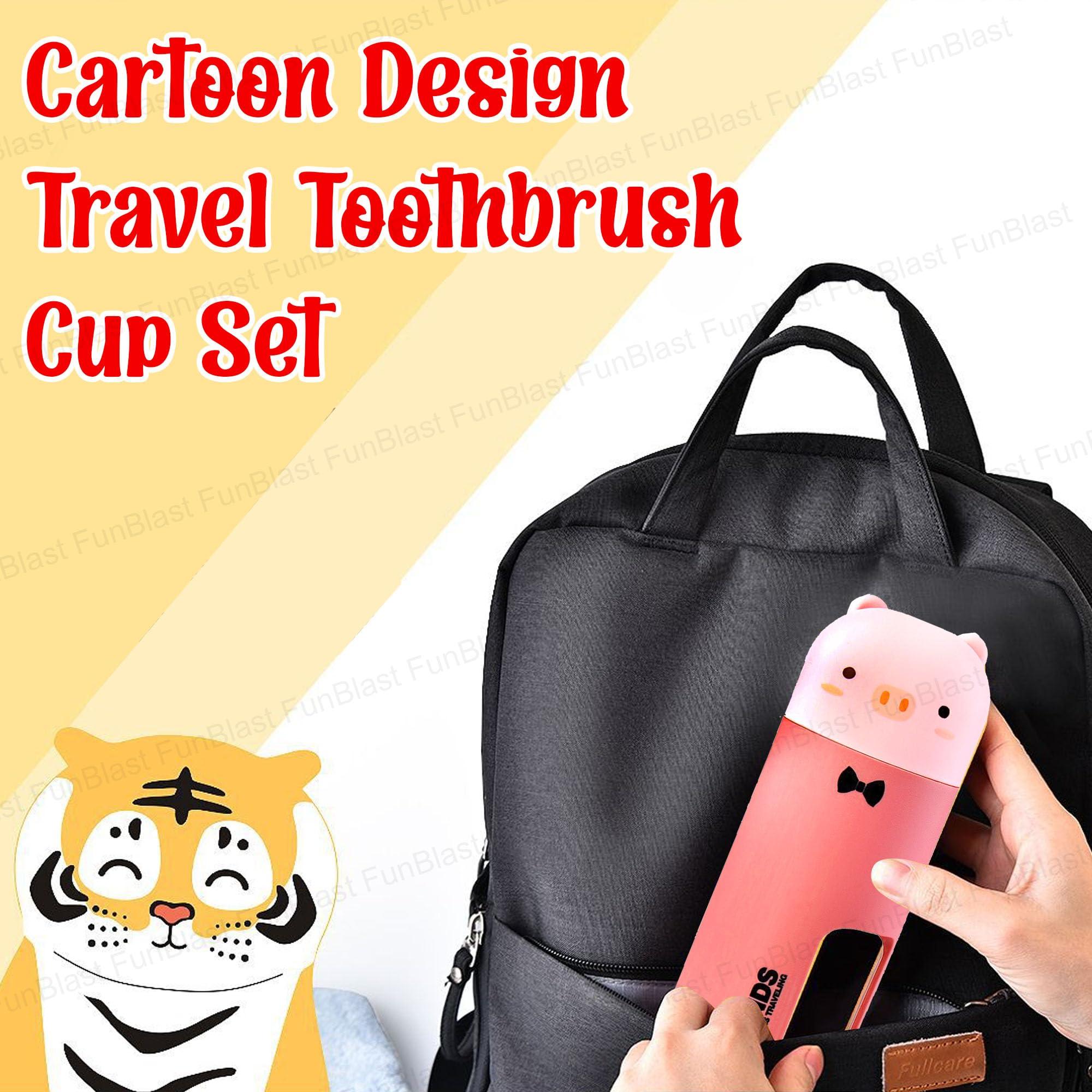 FunBlast FunBlast Kids Toothbrush Travel Toothbrush Cup Set, Wheat Fiber Toothbrush with Portable Box for 3-6 Years old Children, Animal Cartoon Design Manual Toothbrush for Kids (Pig-Pink)
